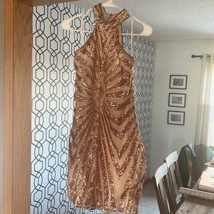 Gold sequence high neck mini dress